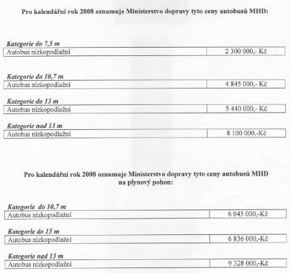 Ministerstvo dopravy: Oznámení cen jednotlivých typů autobusů v roce 2008