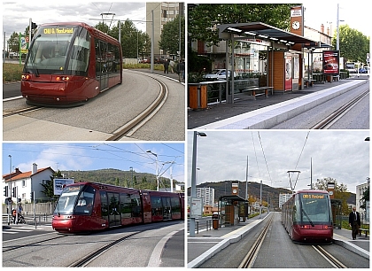 Tramvaj na pneumatikách Translohr dopravce SYSTRA v Clermond-Ferrand