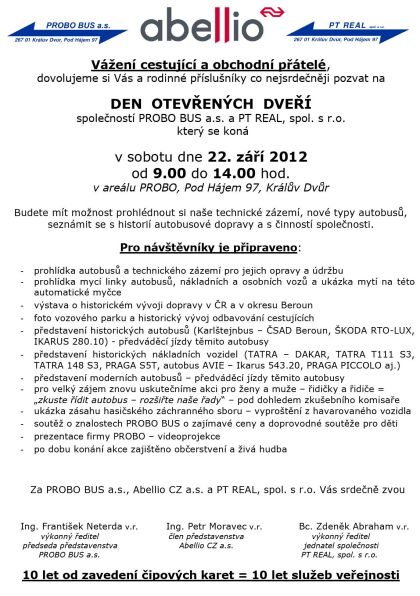 Den otevřených dveří v areálu PROBO v Králově Dvoře  v sobotu 22. září 2012