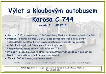Výlet s kloubovým autobusem Karosa C 744 pořádá v sobotu 21. září 2013