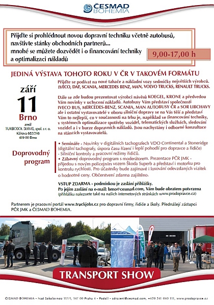 Sdružení ČESMAD BOHEMIA pořádá 11. září v Brně 3. ročník Transport show