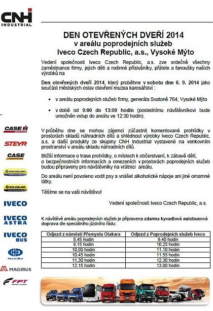 Iveco CR pořádá Den otevřených dveří v areálu poprodejních služeb 6. 9. 2014 