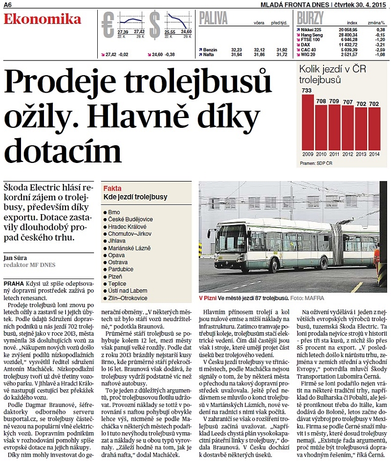 MLADÁ FRONTA DNES, čtvrtek 30. 4. 2015: Prodeje trolejbusů ožily. 