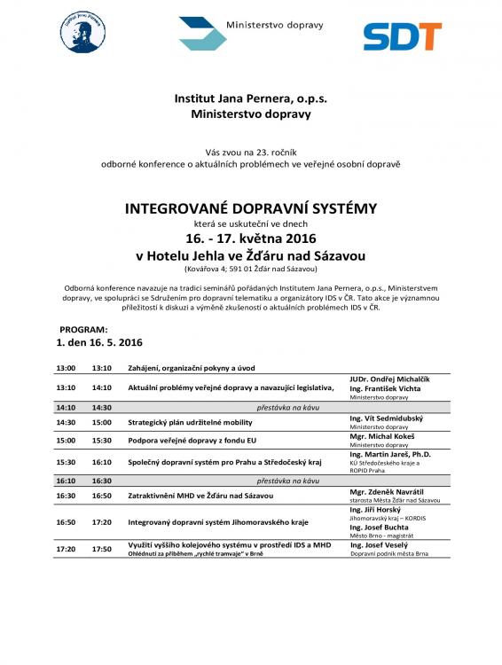 Konference INTEGROVANÉ DOPRAVNÍ SYSTÉMY se uskuteční 16. a 17. 5. 2016