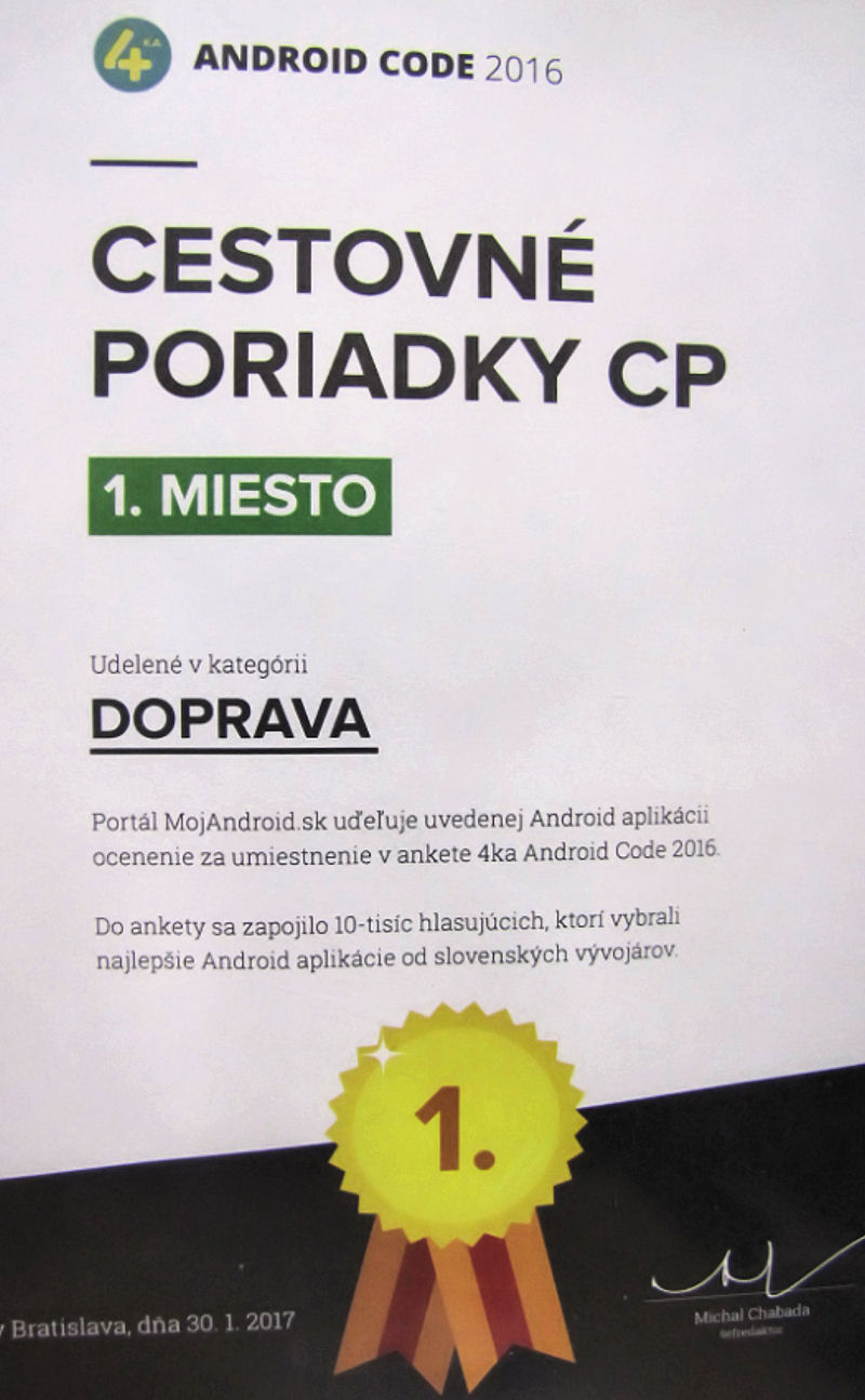 'Cestovné poriadky CP' společnosti CHAPS nejlepší aplikací roku 2016 na Slovensku