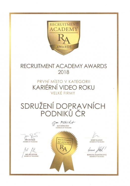 Dopravní podniky zvítězily v prestižní soutěži Recruitment Academy Awards o nejlepší kariérní video roku