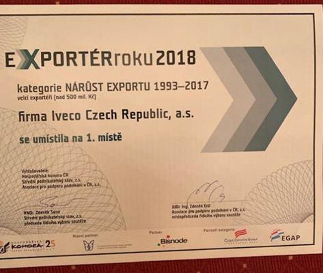 Iveco Czech Republic získalo zlatou příčku v soutěži Exportér roku
