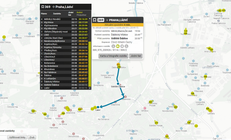 Zpoždění a polohy autobusů PID na mapách