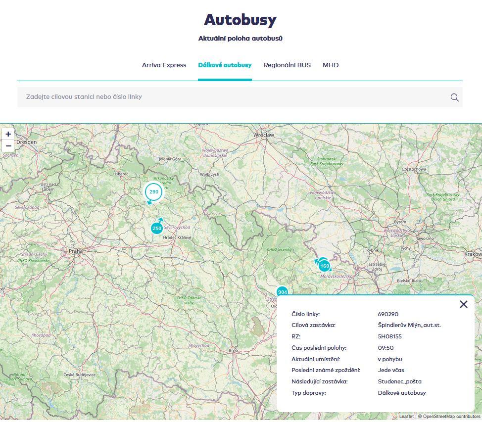 Arriva zobrazuje v mapě polohu všech svých vozidel