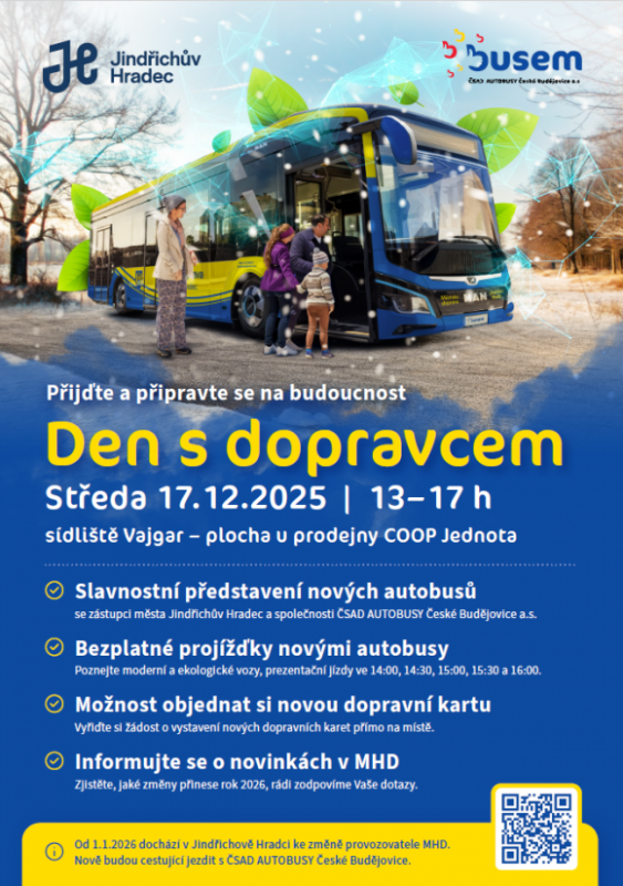 Od ledna 2026 bude mít Jindřichův Hradec novou MHD